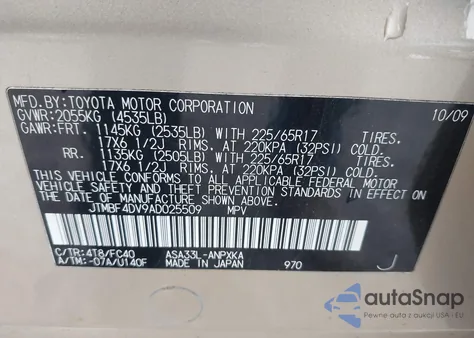 2010 Toyota Rav4 z USA, uszkodzony, nr VIN JTMBF4DV9AD025509